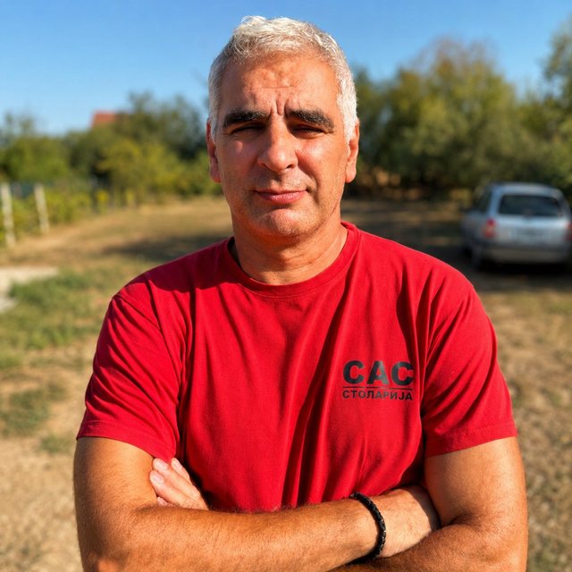 Saša Miletić u crvenoj SAS majici, prekrštenih ruku